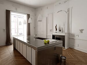 Une belle cuisine moderne sur un parquet ancien en pointe de hongrie