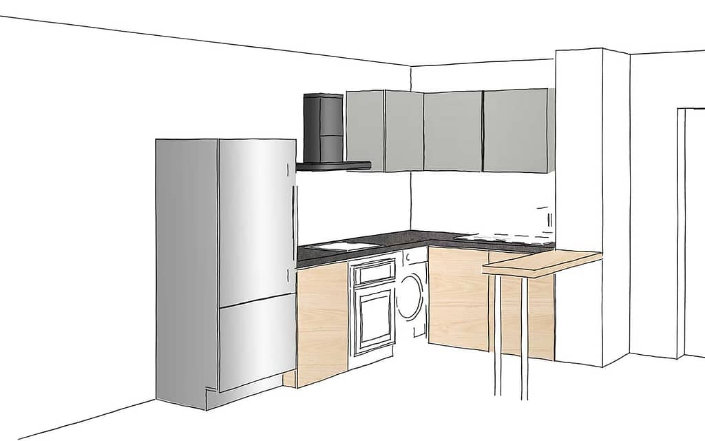 dessin du projet de cuisine avec un coin repas grâce à un plan bar et des placards haut et bas
