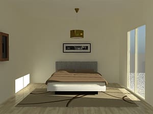 chambre avec un lit, un tableau, un miroir et un tapis, et l'ensemble des murs sont blanc