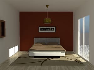 chambre avec un lit, un tableau, un miroir et un tapis, et le mur du fond peint avec une couleur chaude, rouge-orangé, et le reste des murs est blanc