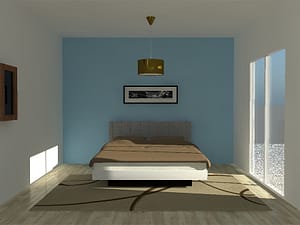 chambre avec un lit, un tableau, un miroir et un tapis, et le mur du fond peint avec une couleur froide, bleu clair, et le reste des murs est blanc