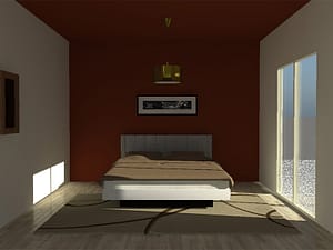 chambre avec un lit, un tableau, un miroir et un tapis. Le mur du fond et le plafond sont peint avec une couleur chaude, rouge-orangé, et le reste des murs est blanc