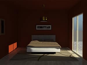 chambre avec un lit, un tableau, un miroir et un tapis, et l'ensemble des murs sont rouge
