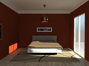 chambre avec un plafond blanc et une bande blanche, le reste des murs est peint avec une couluer chaude rouge-orangé